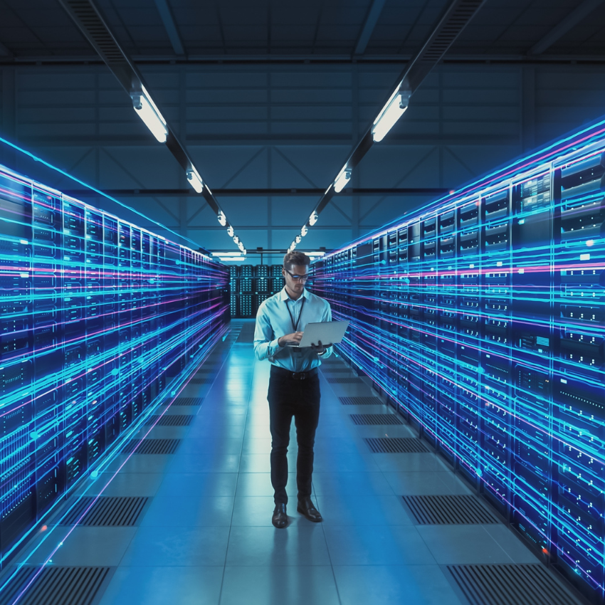 A man stands amidst numerous servers in a data centre.